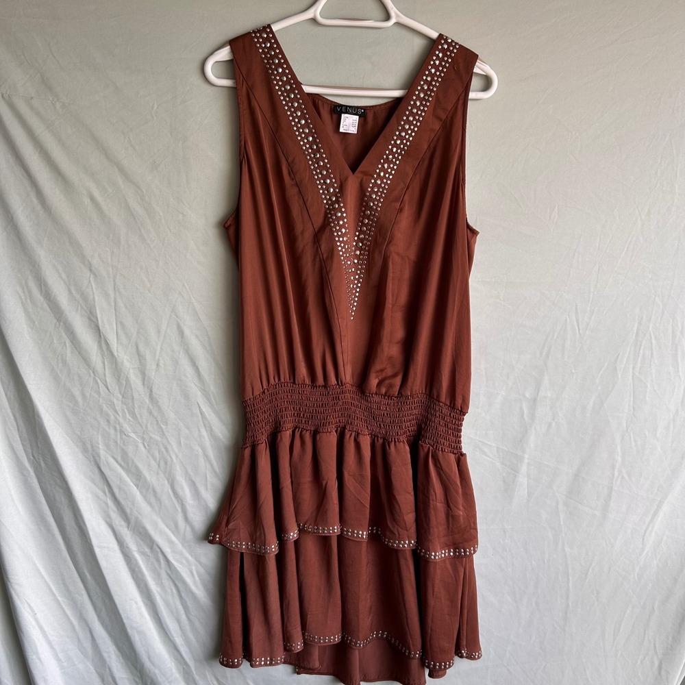 Venus Drop Waist Studded V-Neck Boho Tiered Ruffle Mini Dress Womens L